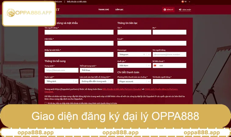 Đại Lý OPPA888 2 Giao diện đăng ký và kích hoạt đại lý OPPA888 an toàn