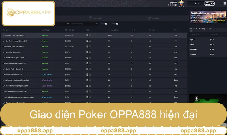 Giao diện Poker OPPA888 hiện đại và minh bạch