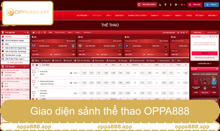 Thể Thao OPPA888 1 Giao diện sảnh thể thao OPPA888 hiển thị kèo cược